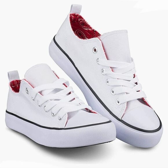 💜Twisted White & Red Paisley Double Tongue Sneakers Size 8 - Picture 4 of 14